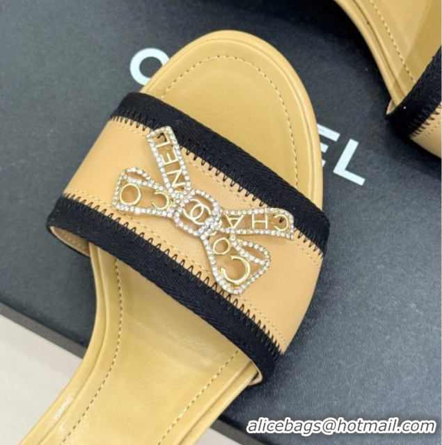 Charming Chanel Calfskin Leather Heel Slides Sandal with Strass Bow CH0306022 Beige 2026