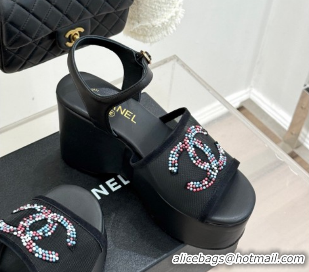 Classic Hot Chanel Mesh & Glass Beads Wedge Sandals 9.5cm G47063 Black 2026