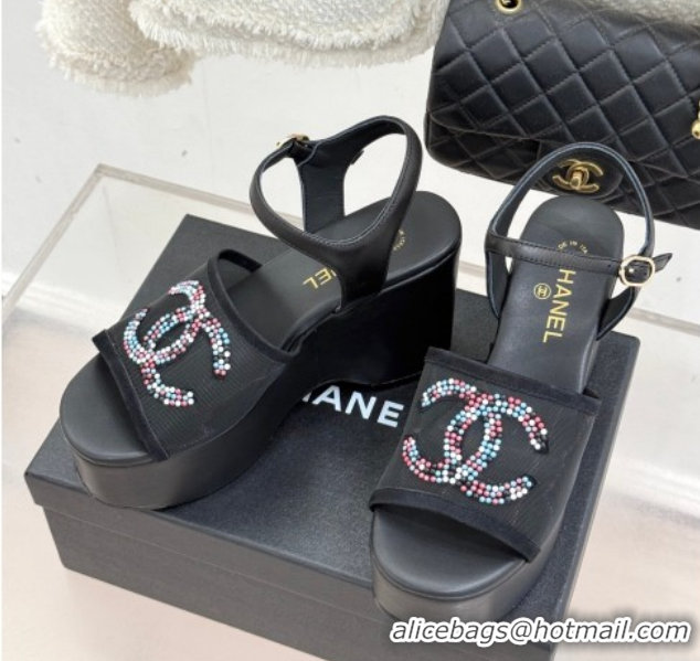 Classic Hot Chanel Mesh & Glass Beads Wedge Sandals 9.5cm G47063 Black 2026