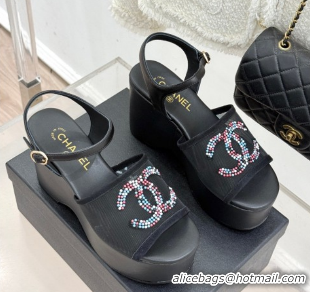 Classic Hot Chanel Mesh & Glass Beads Wedge Sandals 9.5cm G47063 Black 2026