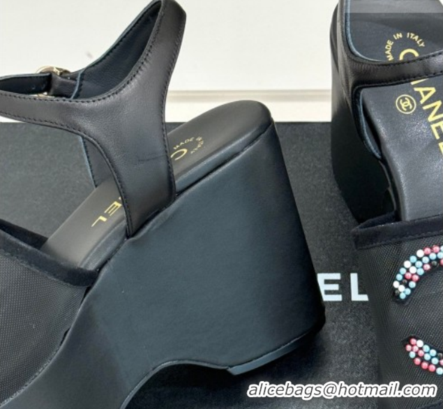 Classic Hot Chanel Mesh & Glass Beads Wedge Sandals 9.5cm G47063 Black 2026