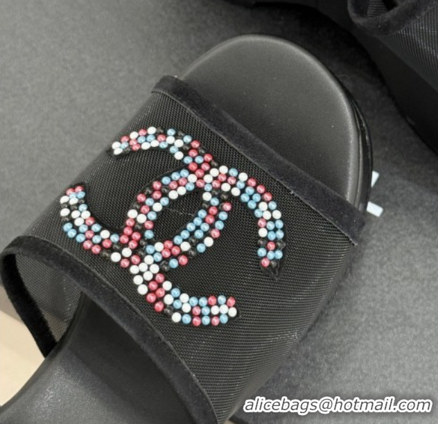 Classic Hot Chanel Mesh & Glass Beads Wedge Sandals 9.5cm G47063 Black 2026