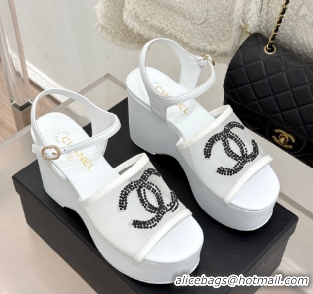 Popular Style Chanel Mesh & Glass Beads Wedge Sandals 9.5cm G47063 White 2026
