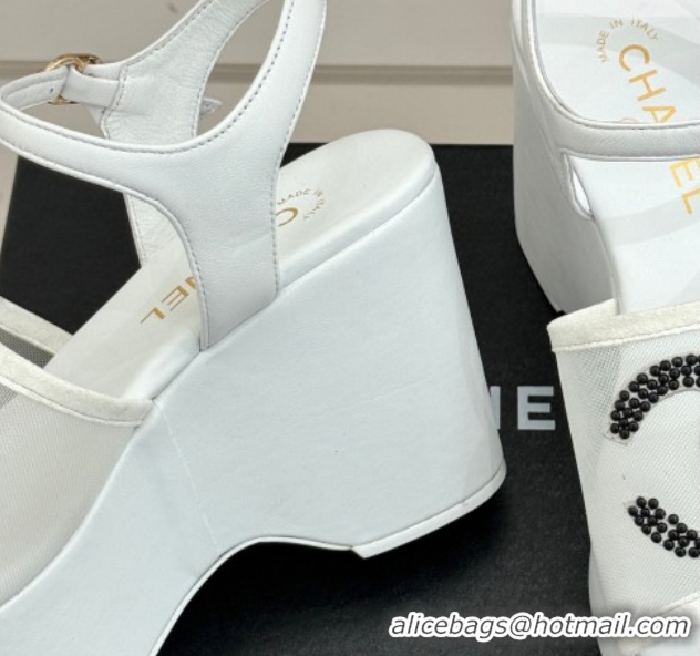 Popular Style Chanel Mesh & Glass Beads Wedge Sandals 9.5cm G47063 White 2026