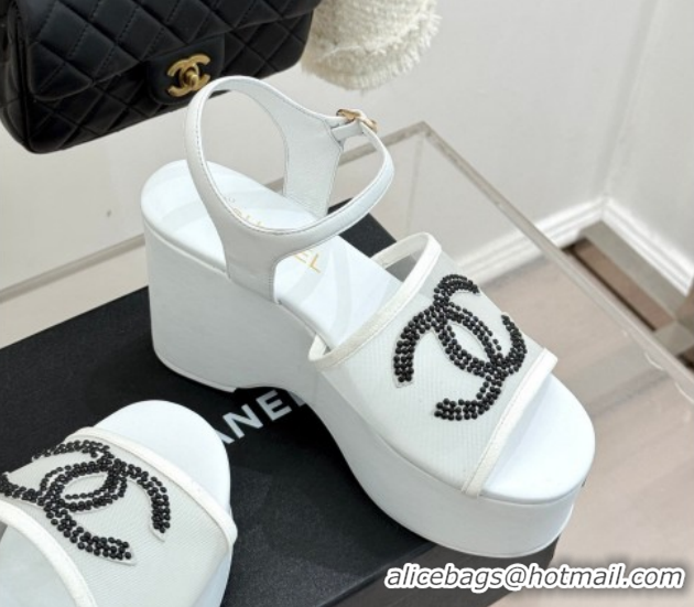 Popular Style Chanel Mesh & Glass Beads Wedge Sandals 9.5cm G47063 White 2026