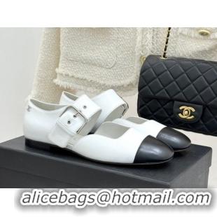 Stylish Chanel Lambskin Leather and Grosgrain Mary Janes Ballet Flats G47028 White 2026