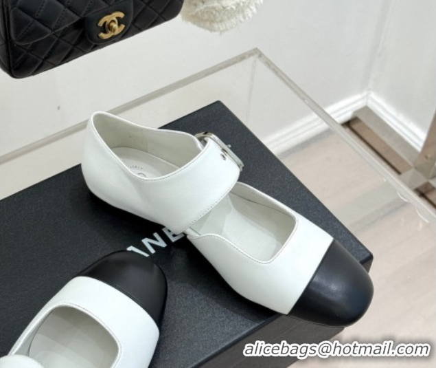 Stylish Chanel Lambskin Leather and Grosgrain Mary Janes Ballet Flats G47028 White 2026