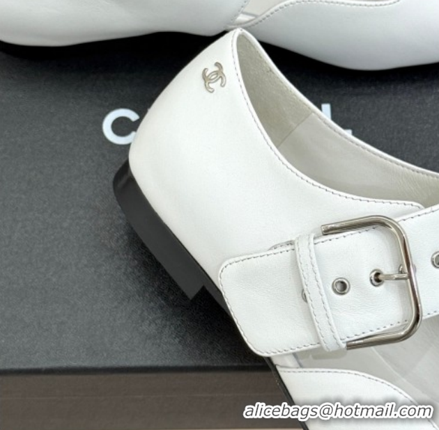 Stylish Chanel Lambskin Leather and Grosgrain Mary Janes Ballet Flats G47028 White 2026