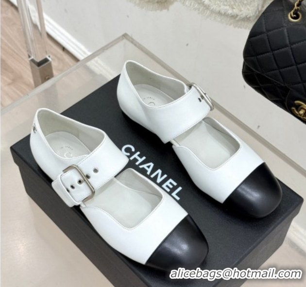 Stylish Chanel Lambskin Leather and Grosgrain Mary Janes Ballet Flats G47028 White 2026