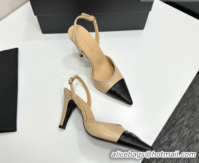 Discount Chanel Lambskin Leather Slingbacks Pump 9cm G47084 Beige/Black 2026