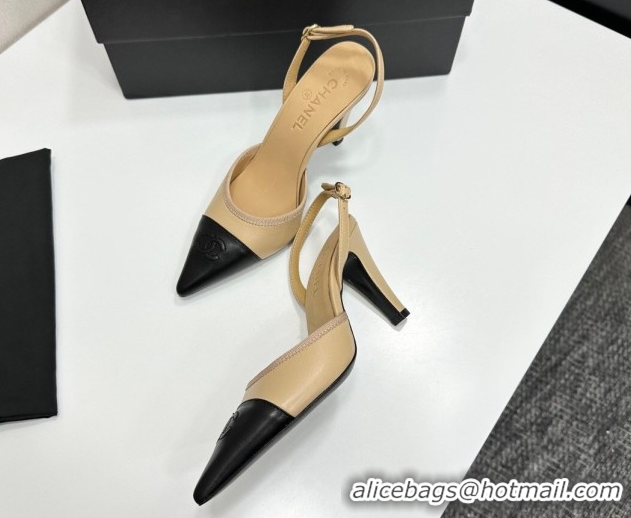 Discount Chanel Lambskin Leather Slingbacks Pump 9cm G47084 Beige/Black 2026