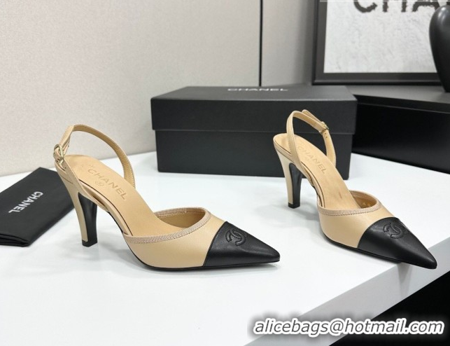 Discount Chanel Lambskin Leather Slingbacks Pump 9cm G47084 Beige/Black 2026