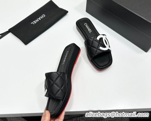 Durable Chanel Lambskin Leather Wedge Slides Sandal CH030605 Black2 2026