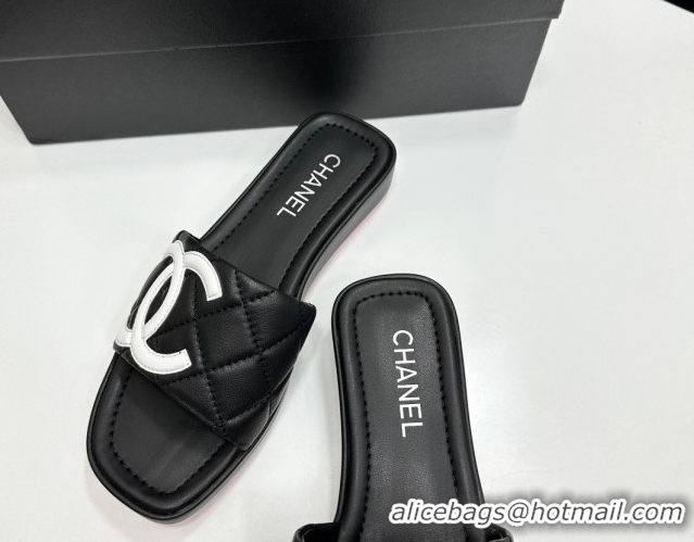 Durable Chanel Lambskin Leather Wedge Slides Sandal CH030605 Black2 2026