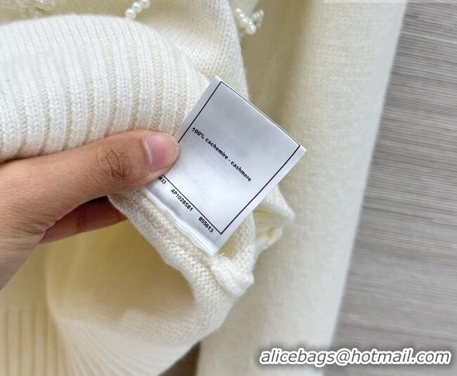 Luxurious Chanel Cashmere Cardigan with Pearls Bow CH031109 White 2026