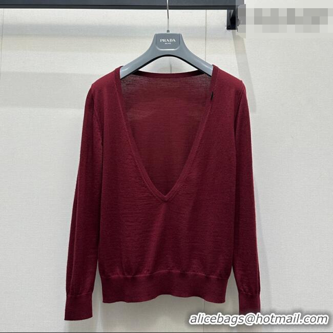 Luxury Cheap Prada V-Shaped Knit Shirt PR031107 Dark Red 2026