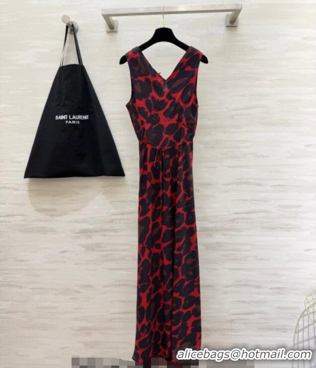 Luxury Cheap Saint Laurent Leopard Printed Long Dress YSL031101 Red 2026
