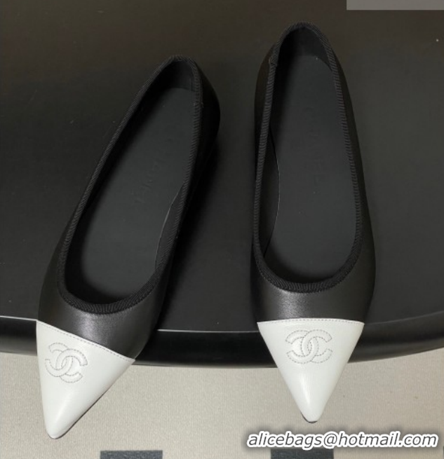 Best Product Chanel Lambskin Leather Pointed Ballet Flats G47081 Black/White2 2026