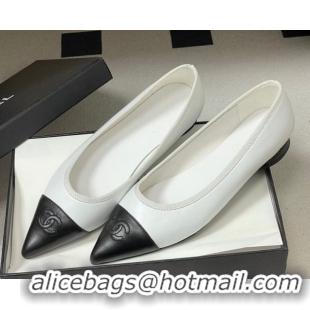 Shop Duplicate Chanel Lambskin Leather Pointed Ballet Flats G47081 White/Black2 2026