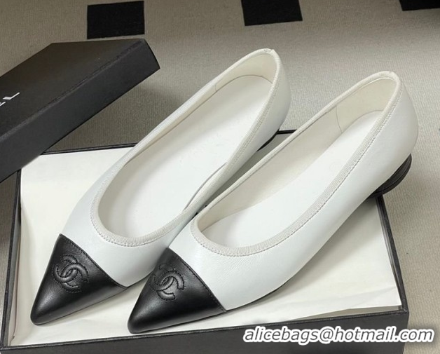 Shop Duplicate Chanel Lambskin Leather Pointed Ballet Flats G47081 White/Black2 2026