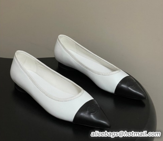 Shop Duplicate Chanel Lambskin Leather Pointed Ballet Flats G47081 White/Black2 2026