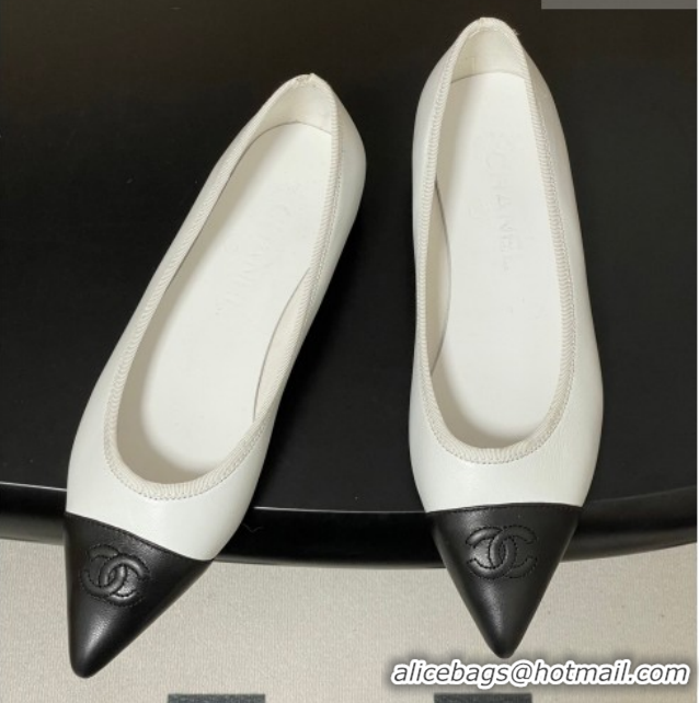 Shop Duplicate Chanel Lambskin Leather Pointed Ballet Flats G47081 White/Black2 2026
