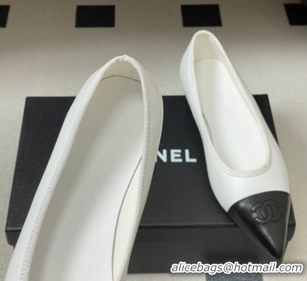 Shop Duplicate Chanel Lambskin Leather Pointed Ballet Flats G47081 White/Black2 2026