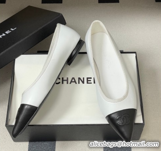Shop Duplicate Chanel Lambskin Leather Pointed Ballet Flats G47081 White/Black2 2026