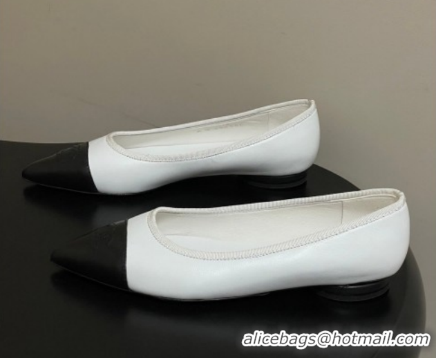 Shop Duplicate Chanel Lambskin Leather Pointed Ballet Flats G47081 White/Black2 2026
