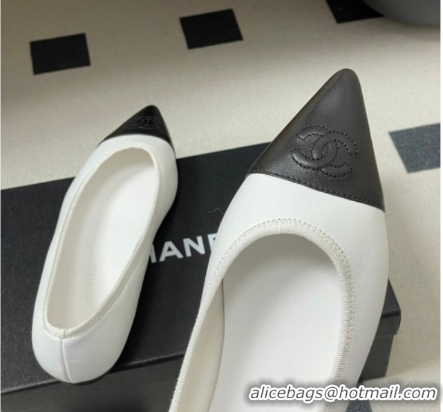 Shop Duplicate Chanel Lambskin Leather Pointed Ballet Flats G47081 White/Black2 2026