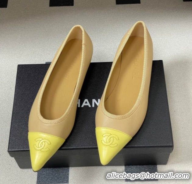 Grade Quality Chanel Lambskin Leather Pointed Ballet Flats G47081 Beige/Yellow 2026