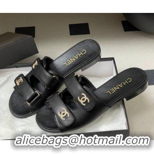 Top Grade Chanel Lambskin Leather Flat Slides Sandal with Strass and Strap G47043 Black 2026