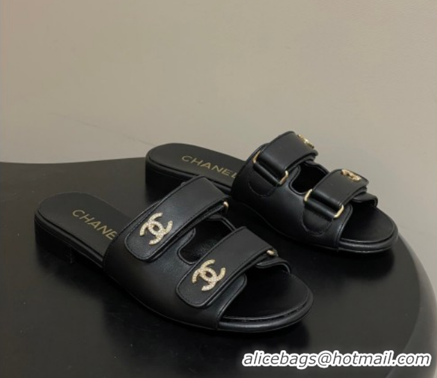 Top Grade Chanel Lambskin Leather Flat Slides Sandal with Strass and Strap G47043 Black 2026