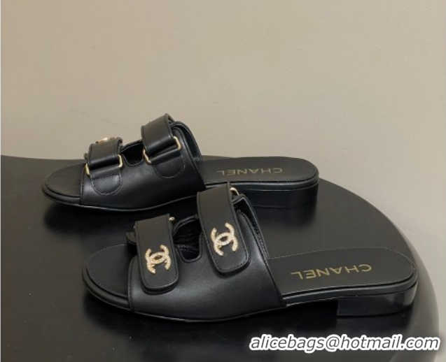 Top Grade Chanel Lambskin Leather Flat Slides Sandal with Strass and Strap G47043 Black 2026