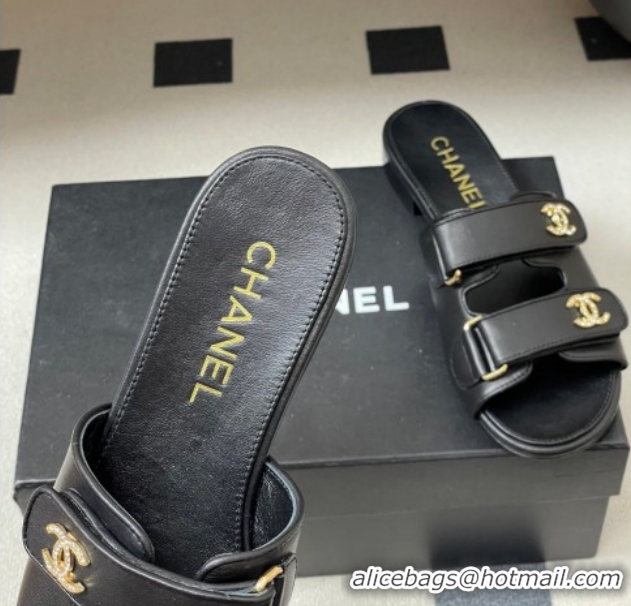 Top Grade Chanel Lambskin Leather Flat Slides Sandal with Strass and Strap G47043 Black 2026