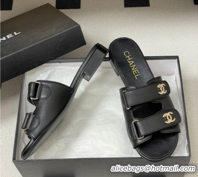 Top Grade Chanel Lambskin Leather Flat Slides Sandal with Strass and Strap G47043 Black 2026