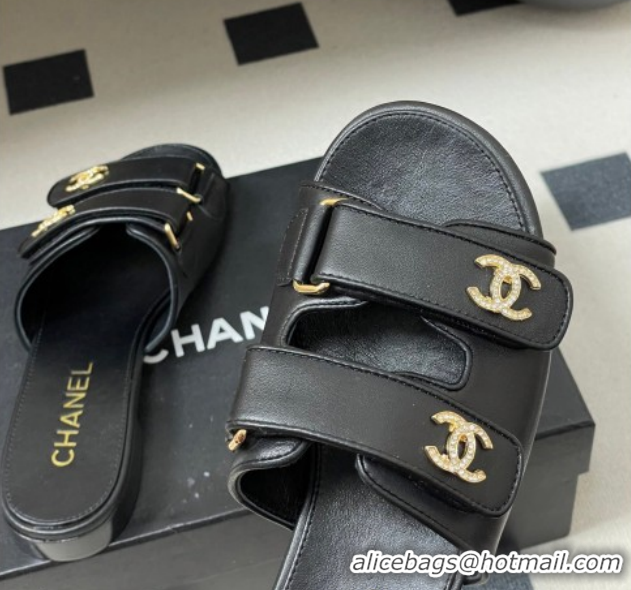 Top Grade Chanel Lambskin Leather Flat Slides Sandal with Strass and Strap G47043 Black 2026