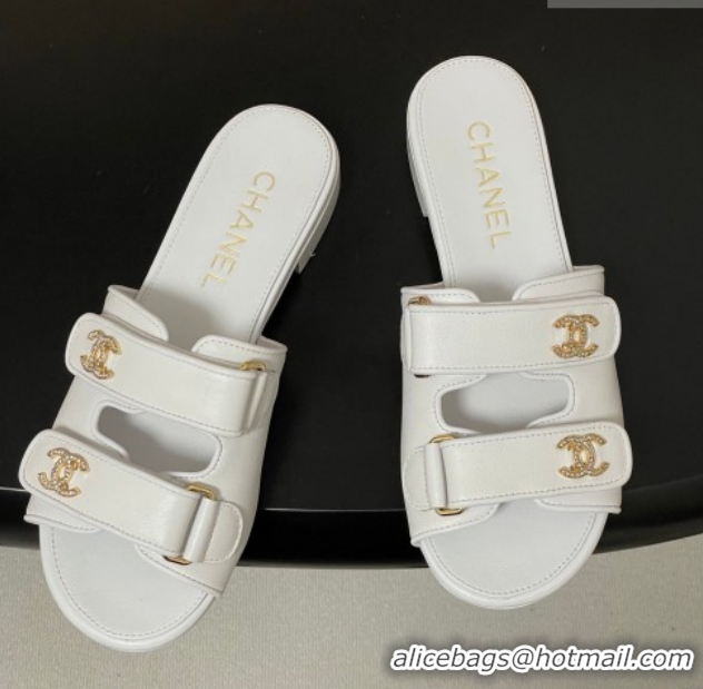 Luxurious Chanel Lambskin Leather Flat Slides Sandal with Strass and Strap G47043 White 2026