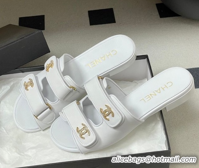 Luxurious Chanel Lambskin Leather Flat Slides Sandal with Strass and Strap G47043 White 2026