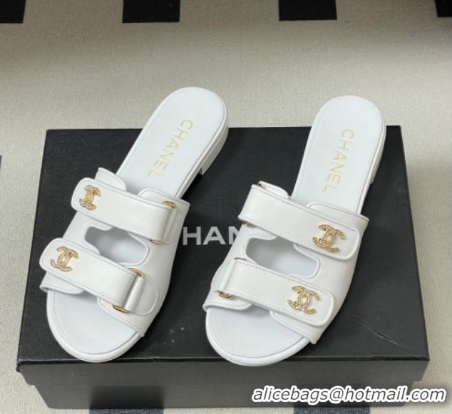 Luxurious Chanel Lambskin Leather Flat Slides Sandal with Strass and Strap G47043 White 2026