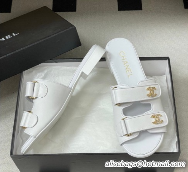 Luxurious Chanel Lambskin Leather Flat Slides Sandal with Strass and Strap G47043 White 2026