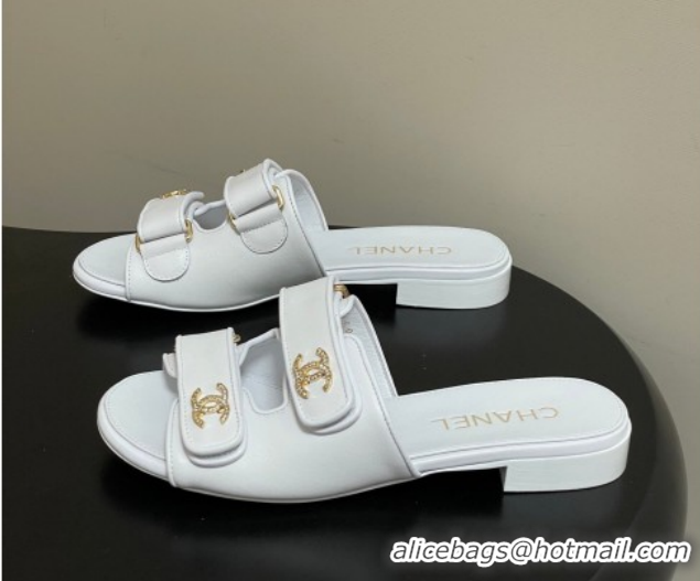 Luxurious Chanel Lambskin Leather Flat Slides Sandal with Strass and Strap G47043 White 2026