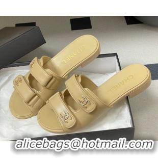 Durable Chanel Lambskin Leather Flat Slides Sandal with Strass and Strap G47043 Beige 2026