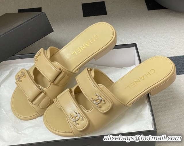 Durable Chanel Lambskin Leather Flat Slides Sandal with Strass and Strap G47043 Beige 2026