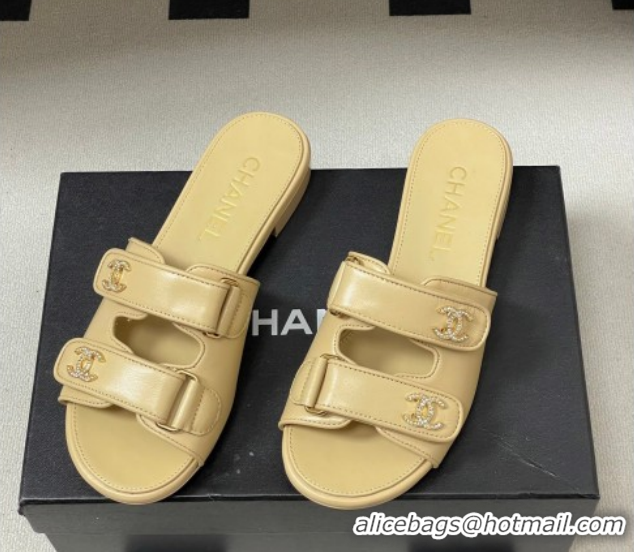 Durable Chanel Lambskin Leather Flat Slides Sandal with Strass and Strap G47043 Beige 2026