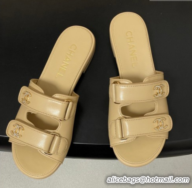 Durable Chanel Lambskin Leather Flat Slides Sandal with Strass and Strap G47043 Beige 2026