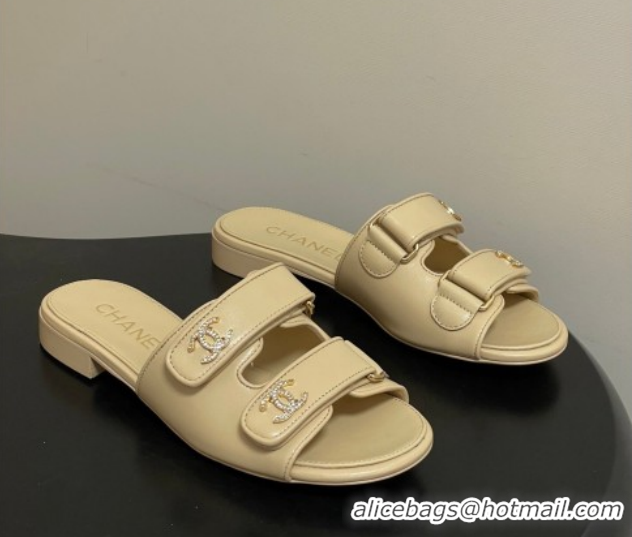 Durable Chanel Lambskin Leather Flat Slides Sandal with Strass and Strap G47043 Beige 2026