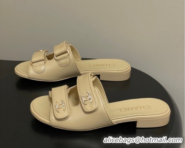 Durable Chanel Lambskin Leather Flat Slides Sandal with Strass and Strap G47043 Beige 2026