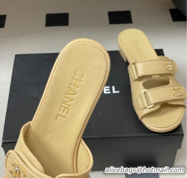 Durable Chanel Lambskin Leather Flat Slides Sandal with Strass and Strap G47043 Beige 2026