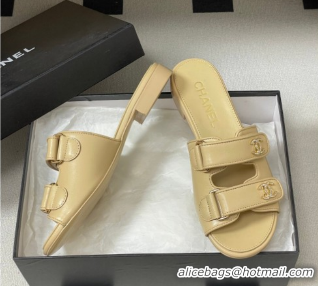 Durable Chanel Lambskin Leather Flat Slides Sandal with Strass and Strap G47043 Beige 2026